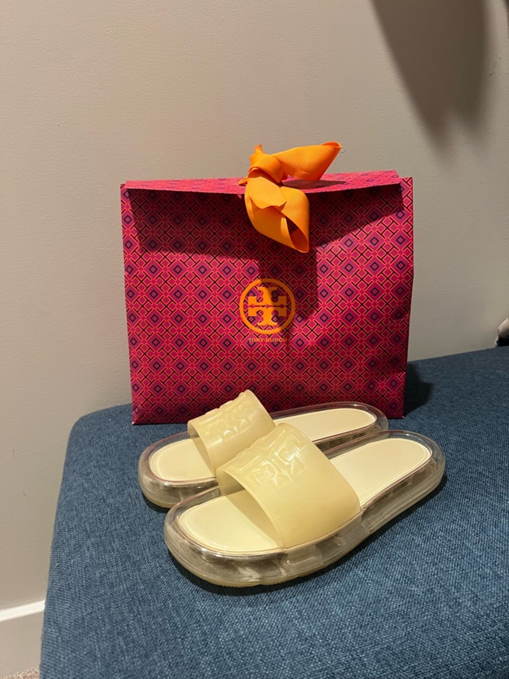 Tory Burch Glossy Pale Yellow Jelly Slide Sandals